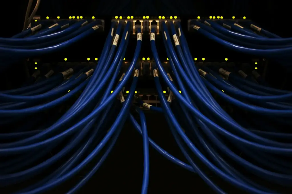 Viele beschriftete blaue Netzwerkkabel an Netzwerkkomponenten mit leuchtenden Status-LEDs